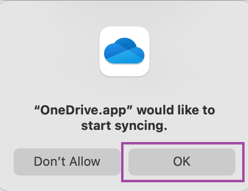 Allow permissions for OneDrive to access your Documents and permission to start syncing. 