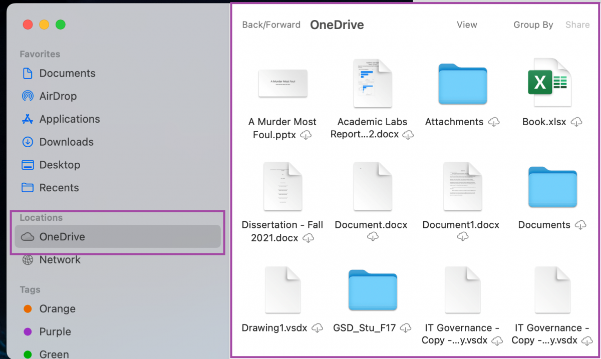 After OneDrive setup is complete, you can find your OneDrive files in Finder under OneDrive.