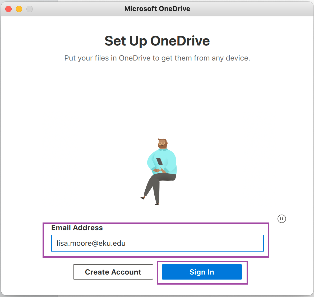 On the Set Up OneDrive screen enter your EKU email address.  Then click the blue Sign In button.