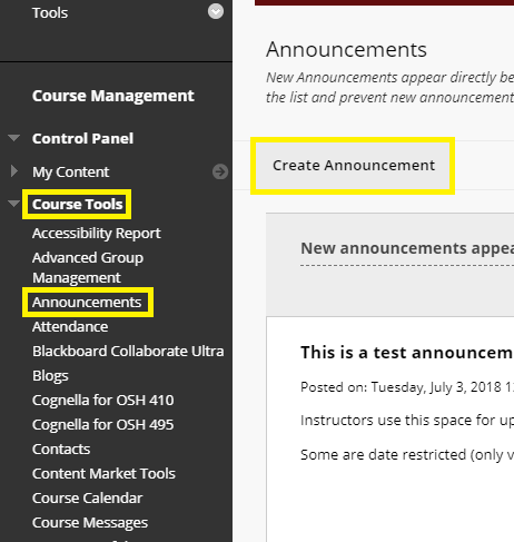 On the Control Panel, go to Course Tools > Announcements. Select Create Announcement.