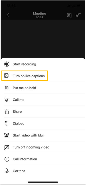 In the meeting controls, select More options ***  > Turn on live captions.