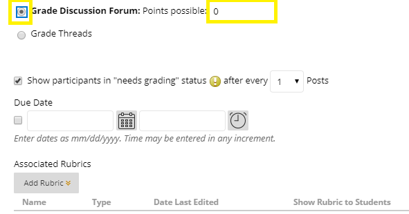 Select Grade Discussion Forum and type a point value to evaluate participants on performance throughout a forum.