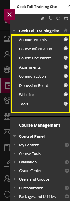 On the left-hand menu of your course, you will typically have 'Announcement,' 'Course Documents,' 'Assignments,' 'Communication,' and 'Tools' links.