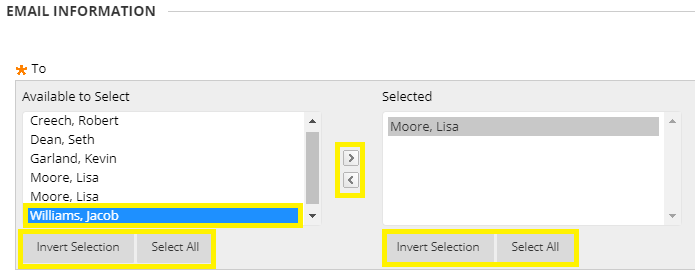 For Select Users or Select Groups, select recipients in the Available to Select Box and select the right-pointing arror to move them into the Selected box.  Use the left-pointing arrow to move a user out of the recipient list.  Select Invert Selection to select users whose names aren't hightlighted, and deselct users whose names are highlighted.
