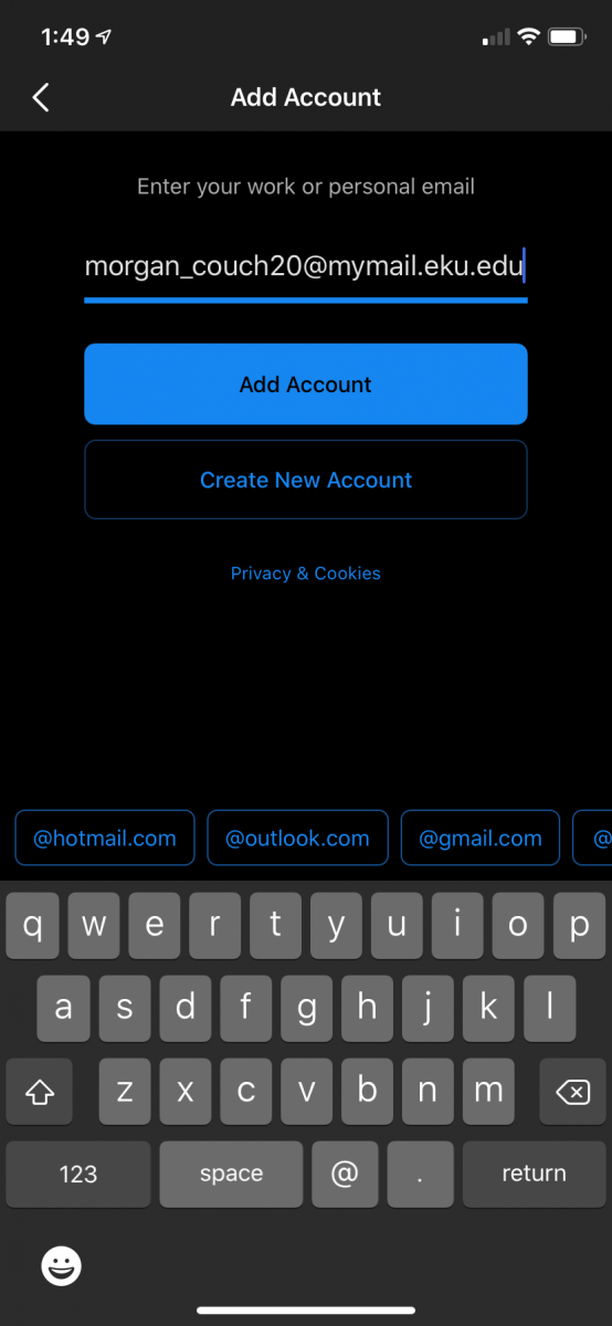 On the Add Account screen, enter your O365 Username (EKU email username) in the form of <EKU username>@mymail.eku.edu.