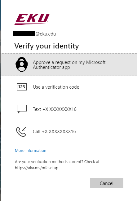 When presented with the Microsoft 2FA/MFA screen select one of the following methods to authenticate
