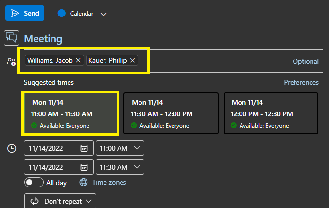 Once you choose your attendee(s), you can choose a suggested time that available to everyone underneath the list by clicking the box.