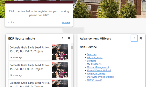 In the example below, the Advancement Officers Card was moved to the right of the EKU Sport minute card.