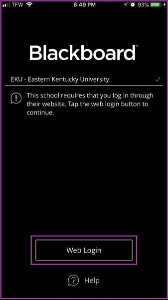  'This school requires that you log in through their website.  Tap the web login button to continue.'  Click the Web Login button at the bottom of that screen.