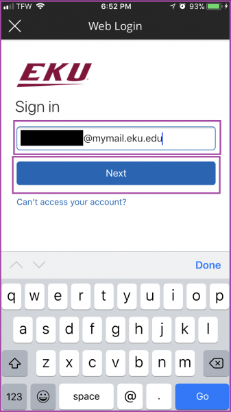 4. An Azure login page for EKU will open.  On the fist screen, type your full email address.  Click the Next button.