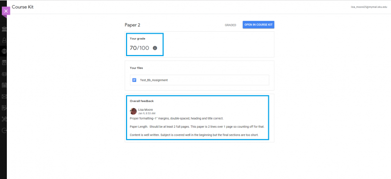 If you click on the assignment, it will open in Google Course Kit and you can see the feedback.