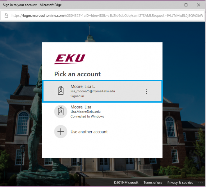 The EKU login screen will appear.  Choose the email account you want to use.