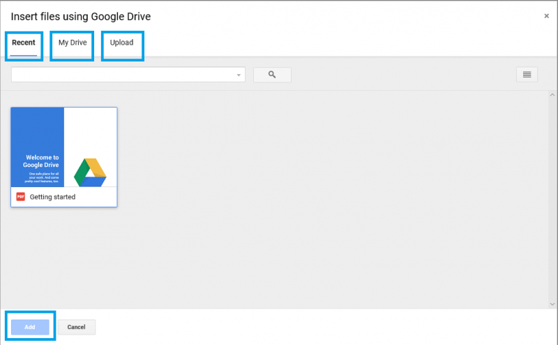 If you choose 'Add Files' you can upload from your Google Drive (default) or choose 'My Drive' for your device's hard drive.