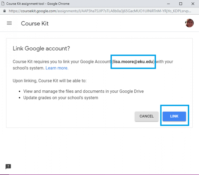 Then you are asked to 'Link Google account?'  Again, check to be sure it is using your EKU email address.  If so, click the 'Link' button.  If not, click the 'Cancel' button and return to the previous page to start again.