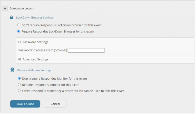 Screenshot of Settings menu for a test with Respondus LockDown Browser enabled