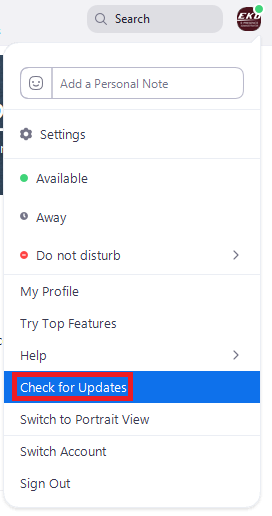 Select Check for Updates near the bottom of the menu